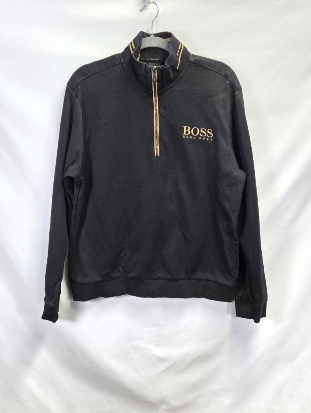 Hugo Boss 1/4 Zip Sweater Mens Black Gold Logo XL